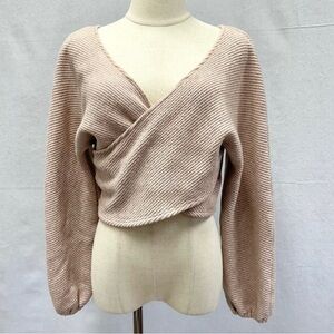 Sage the Label Women's V-Neck Wrap Criss Cross Cropped Sweater Tan